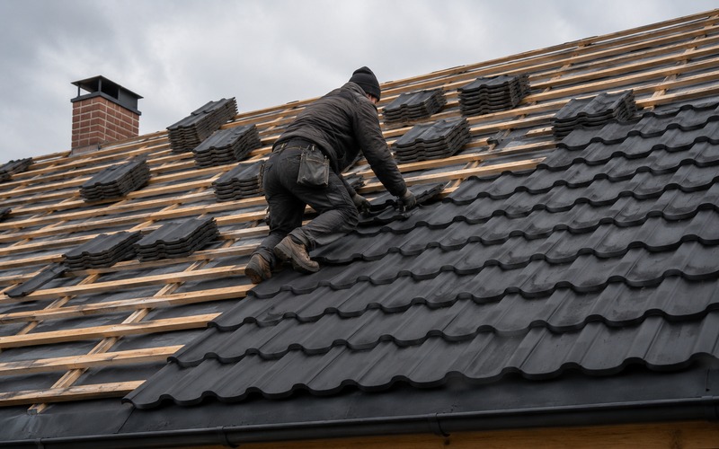 Roof covering installation in rows - bitumen shingle roof laying process